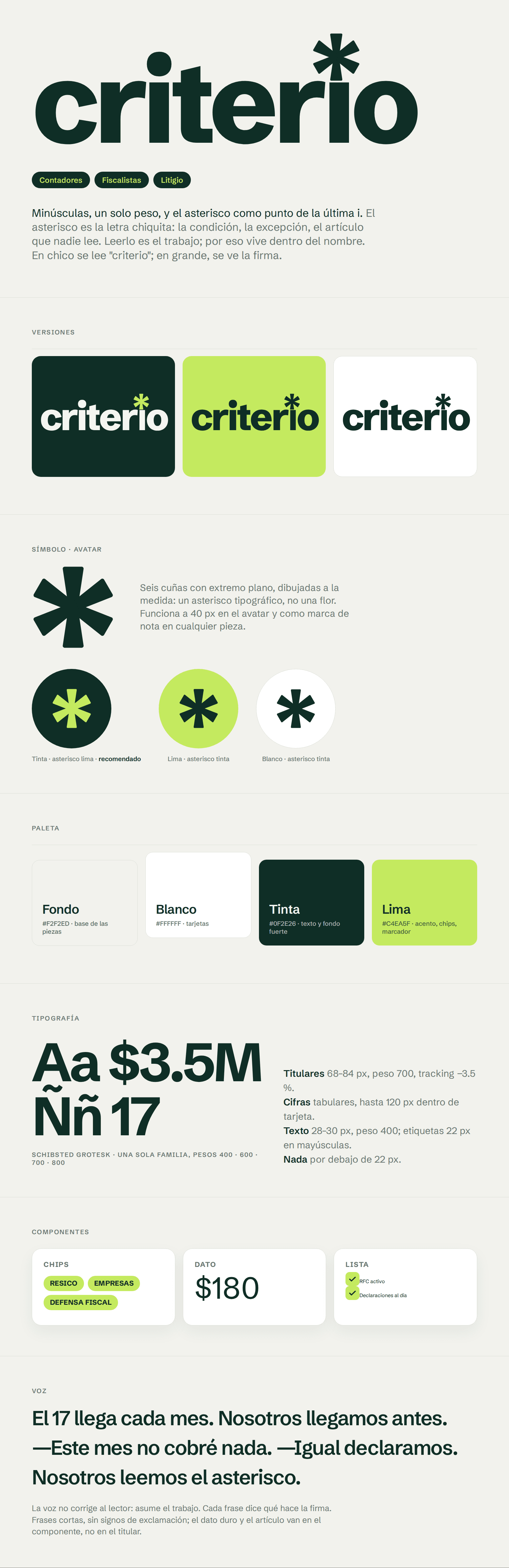 Sistema de identidad de Criterio: logotipo, asterisco, versiones de color, tipografía, componentes y voz de marca.