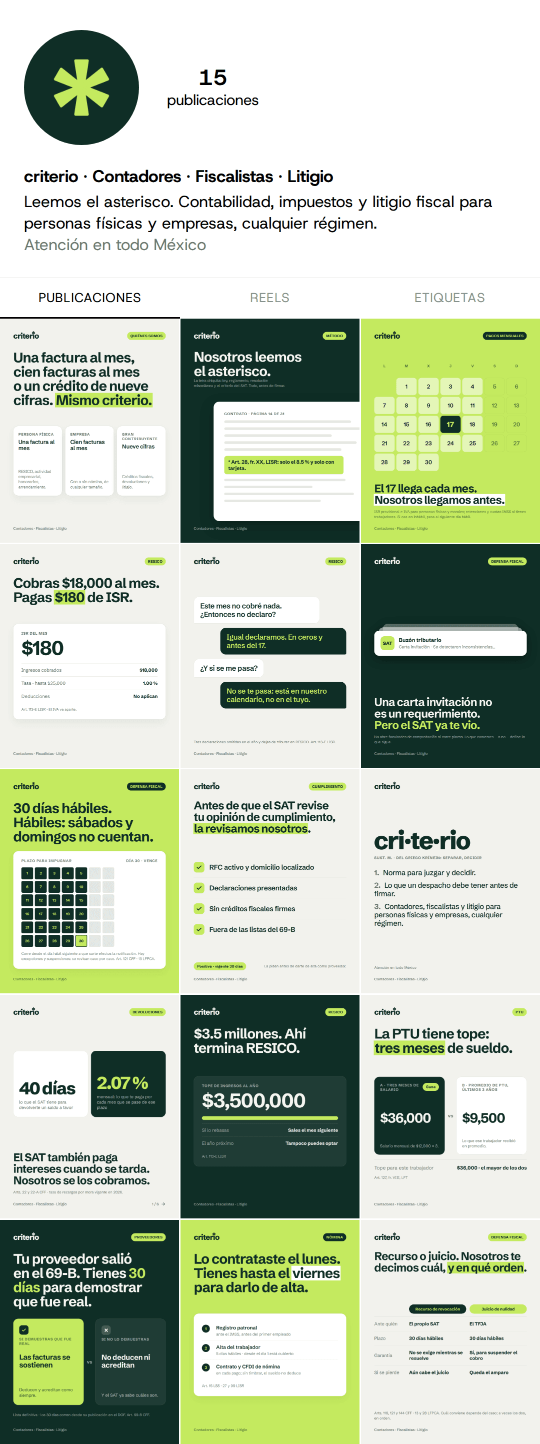Feed de Instagram de Criterio con publicaciones sobre RESICO, nómina, cumplimiento y defensa fiscal en verde oscuro, lima y fondos claros.